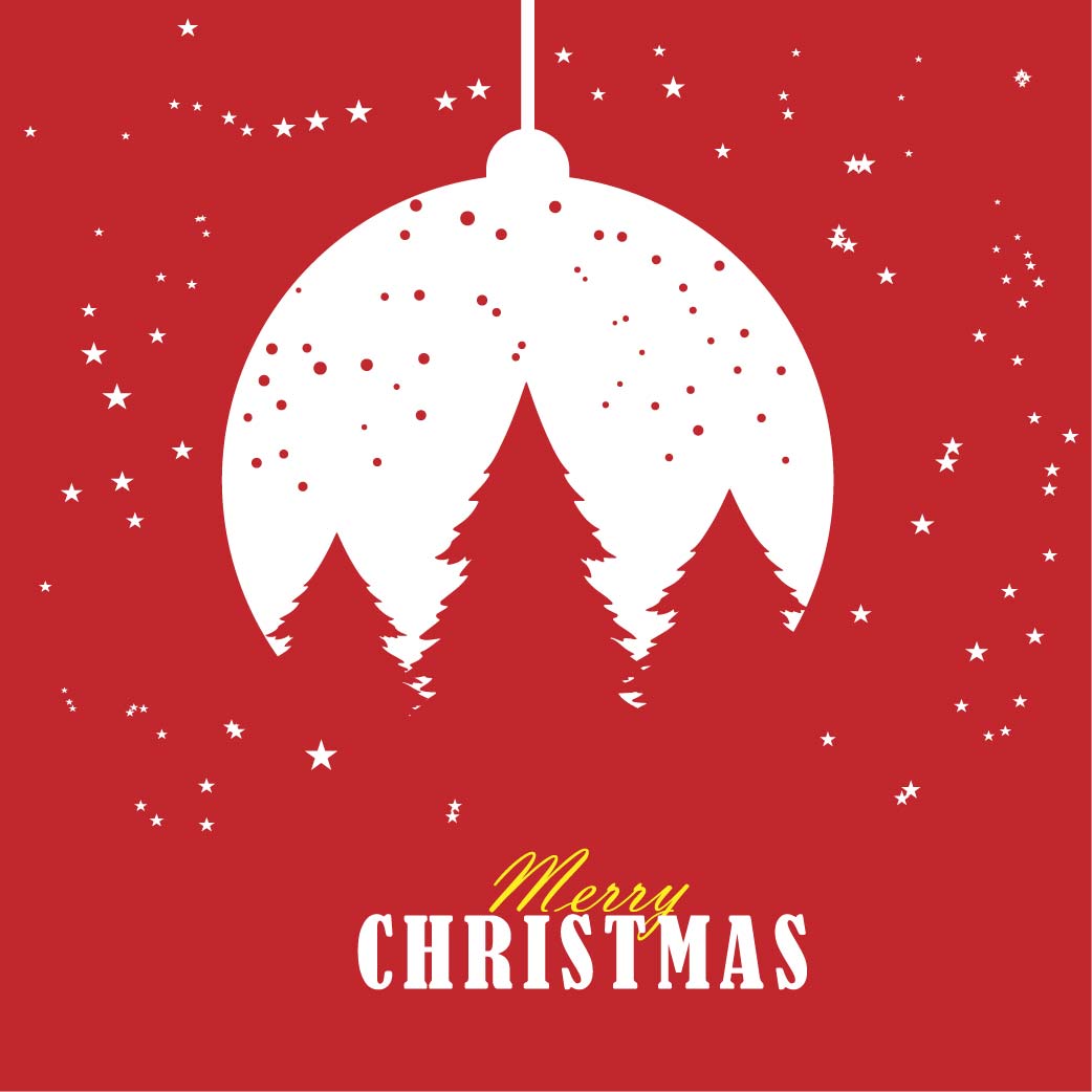 Christmas Card With White Ornament Silhouette, Pine Trees, And Merry Christmas Text