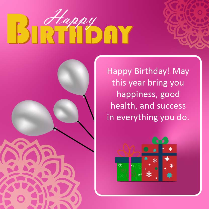 Happy Birthday Card With Gifts, Balloons, And Bright Pink Background For Celebrations